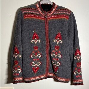 Icelandic designs 100% wool Gray and Red Embroidered jacket S